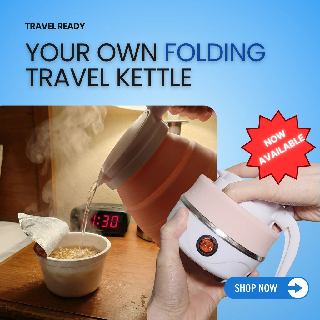 Collapsible travel kettle being used with a blue promotional banner and 'Shop Now' button.