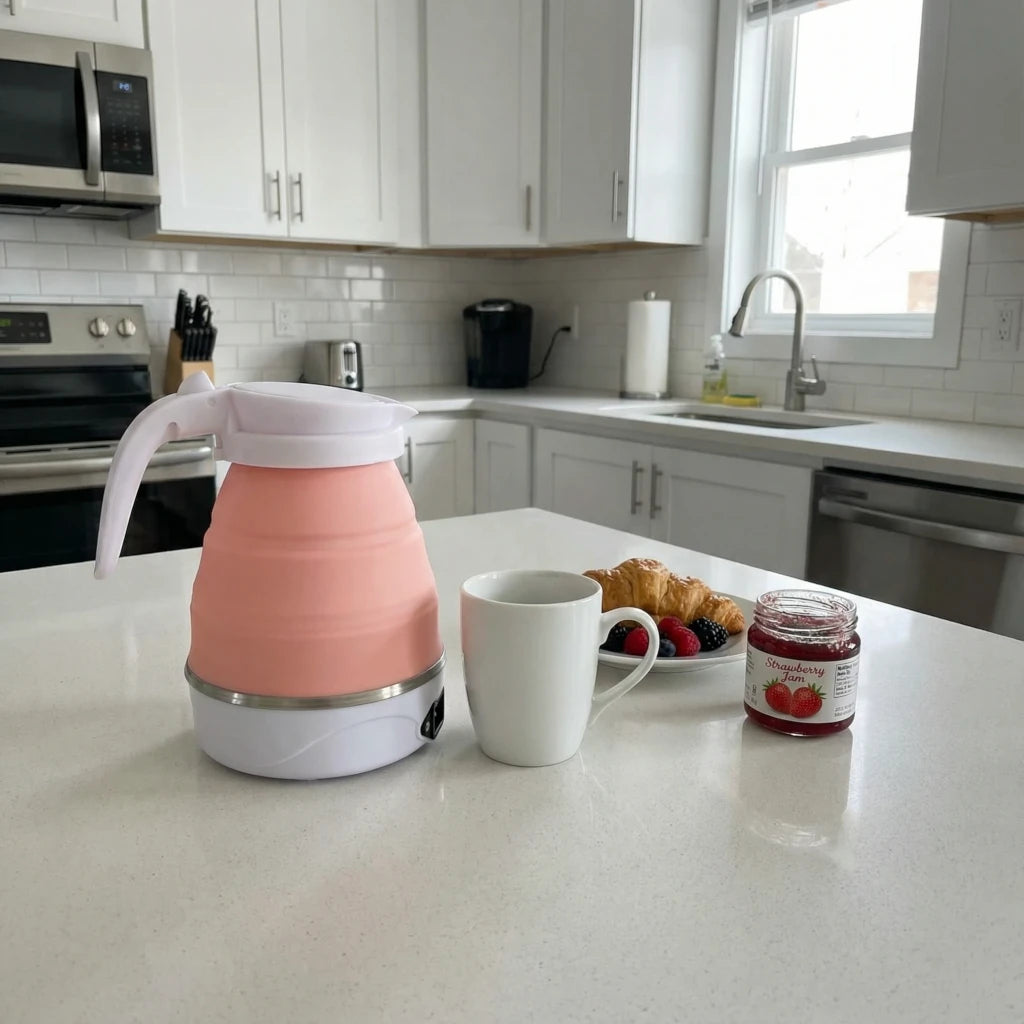 Pink and white electric kettle on a kitchen counter with a mug, plate of pastries, and jar of jam.