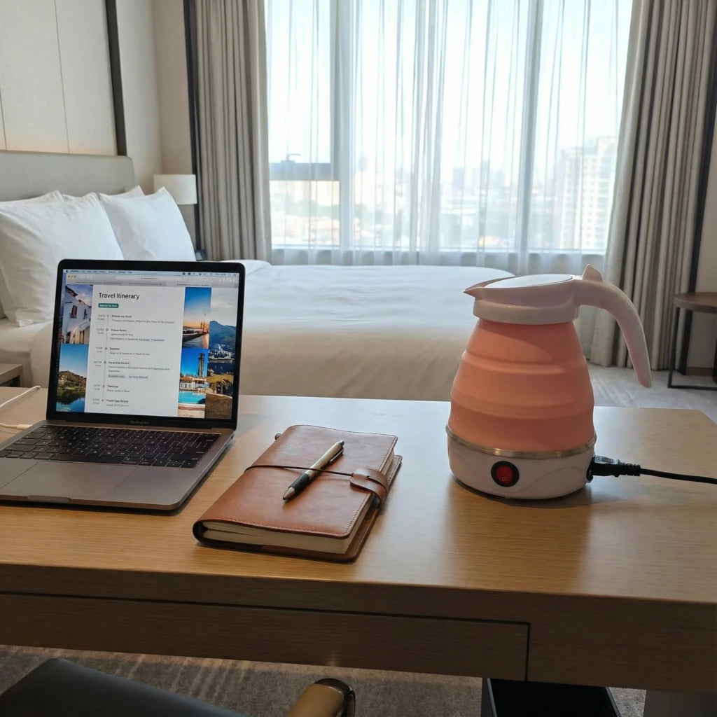 Laptop, notebook, pen, and pink collapsible kettle on a desk in a room with a bed and window in the background.
