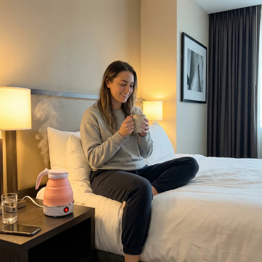 Woman sitting on a bed holding a mug in a bedroom setting with an electric kettle steaming in the foreground on a table.
