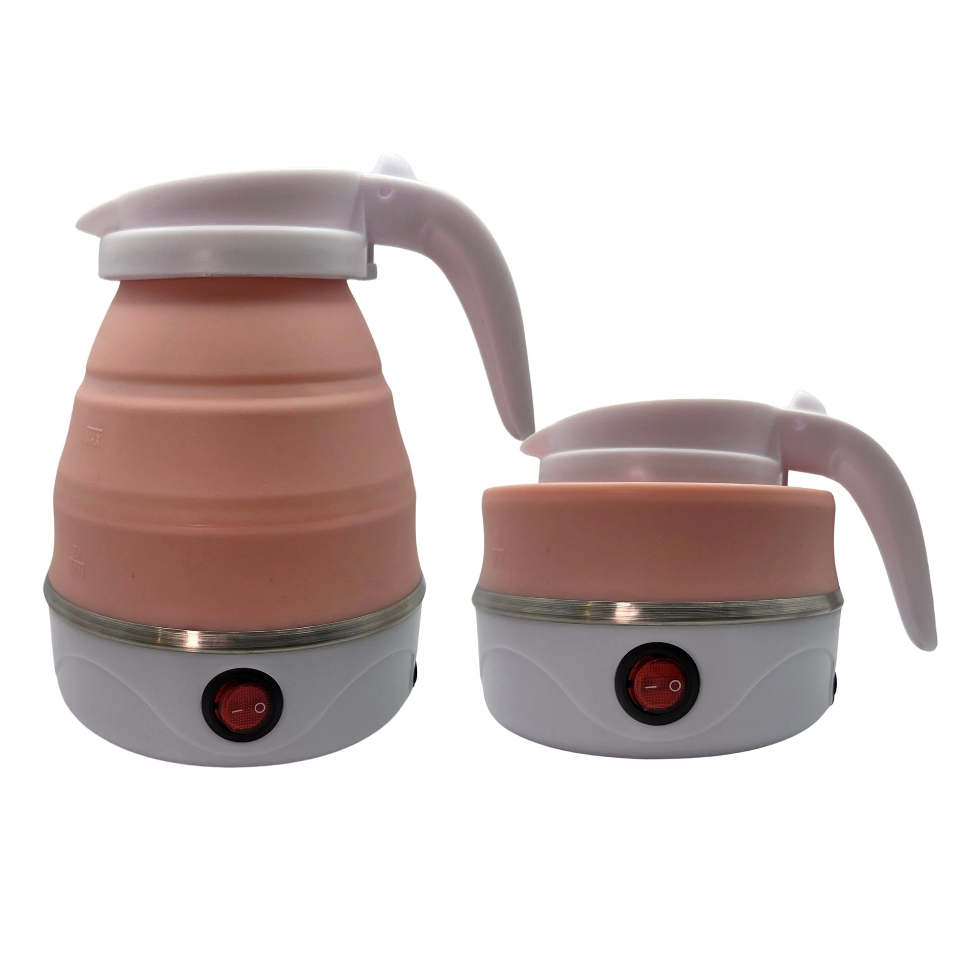 Two pink folding electric travel kettle's, one in fully unfolded, and one fully folded.