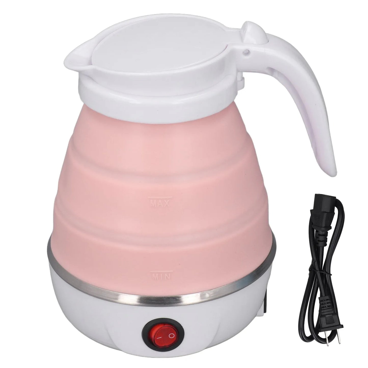 Pink foldable electric kettle with white handle on a white background