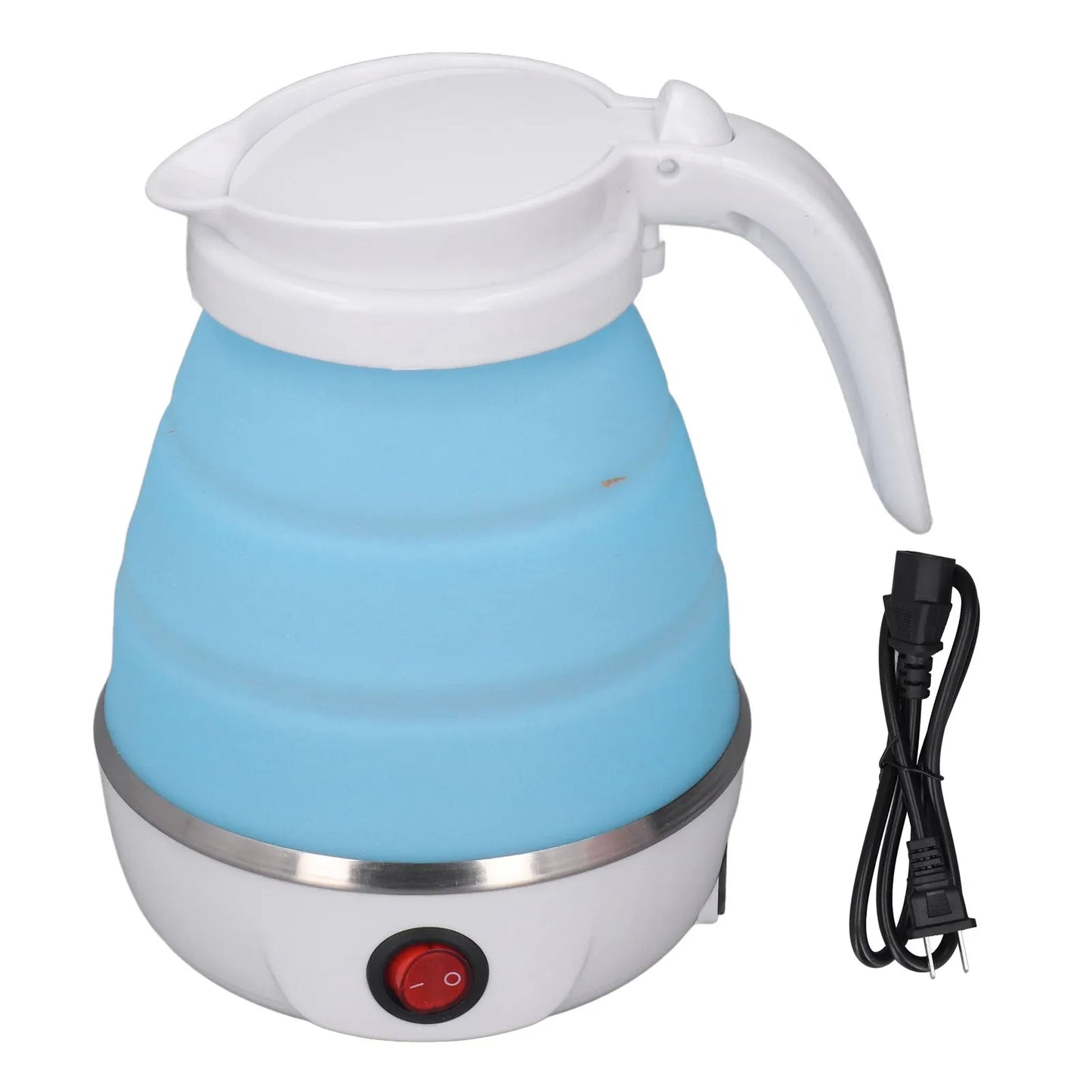 Blue foldable electric kettle with white handle on a white background