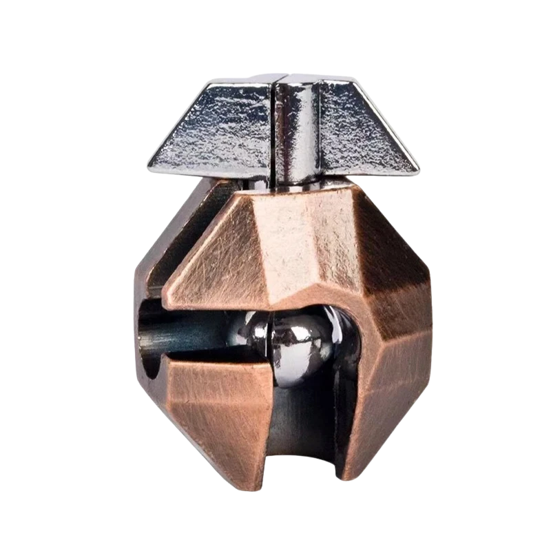 Geometric metal lock puzzle with a reflective surface on a white background