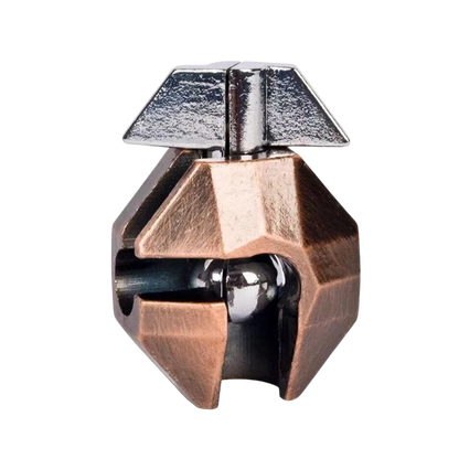 Geometric metal lock puzzle with a reflective surface on a white background