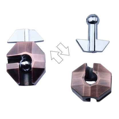 The two metal components that make up this metal puzzle.