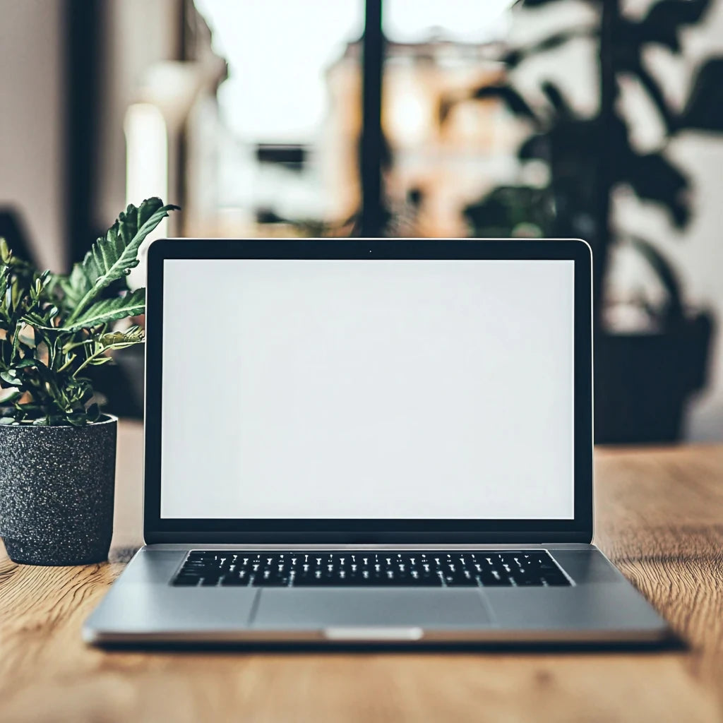 Laptop on a wooden desk with a blurred indoor background