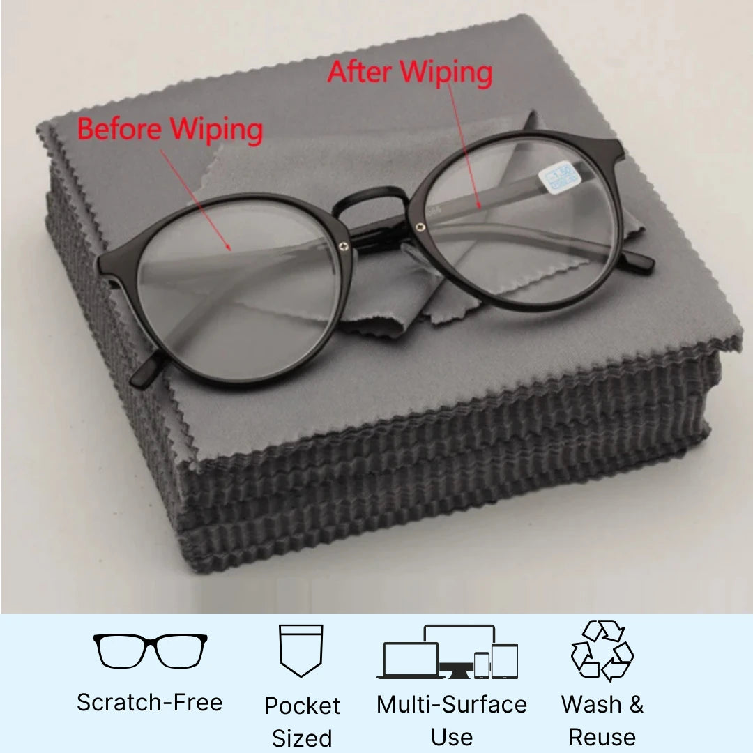 Eyeglasses before and after wiping on a gray cloth with feature icons below.