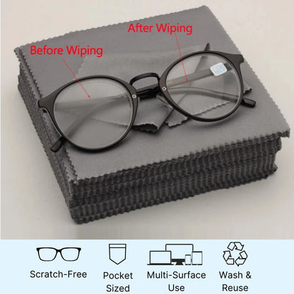 Eyeglasses before and after wiping on a gray cloth with feature icons below.