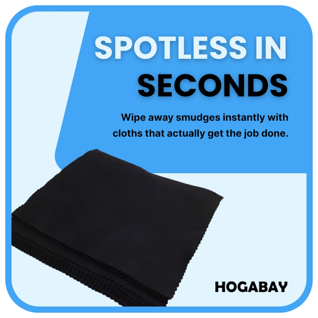 Stack of black microfiber cleaning cloth with promotional text about cleaning efficiency on a light blue background, featuring the brand 'HOGABAY'.