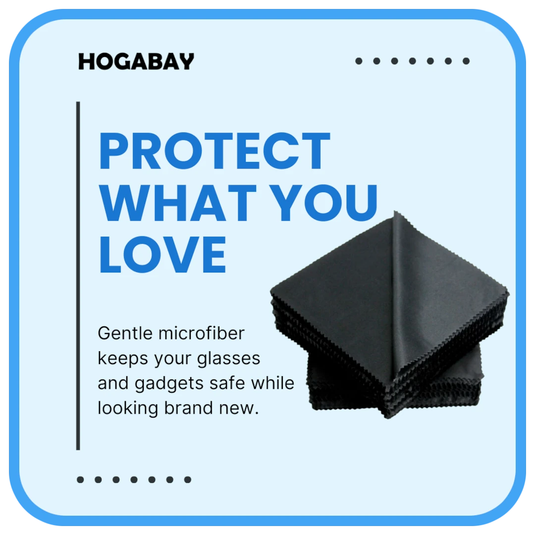 A stack of black microfiber cloth with header text 'Protect what you love' on a light blue background.