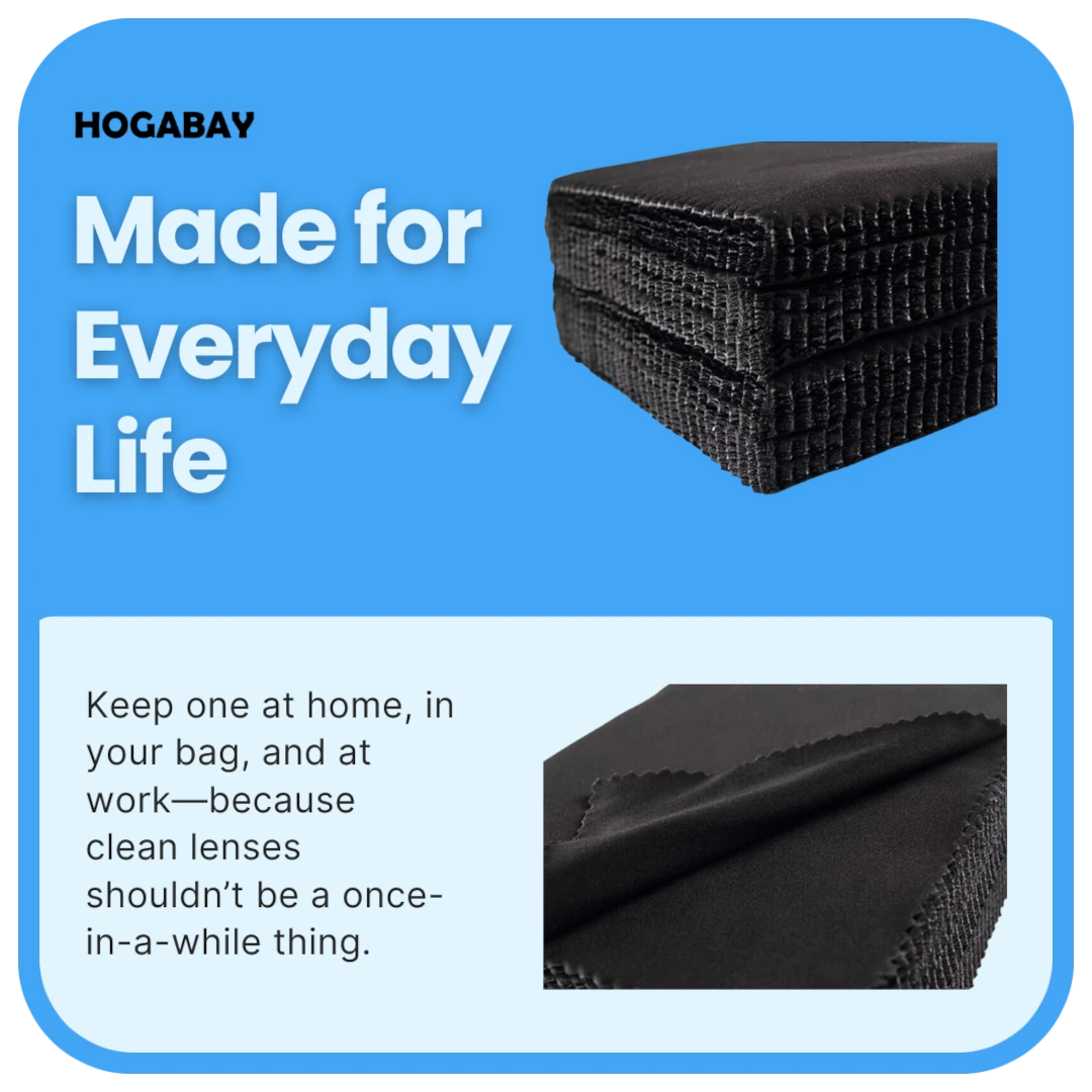 Two stacks of black microfiber cleaning cloth with the text 'Made for Everyday Life' on a blue and white background.
