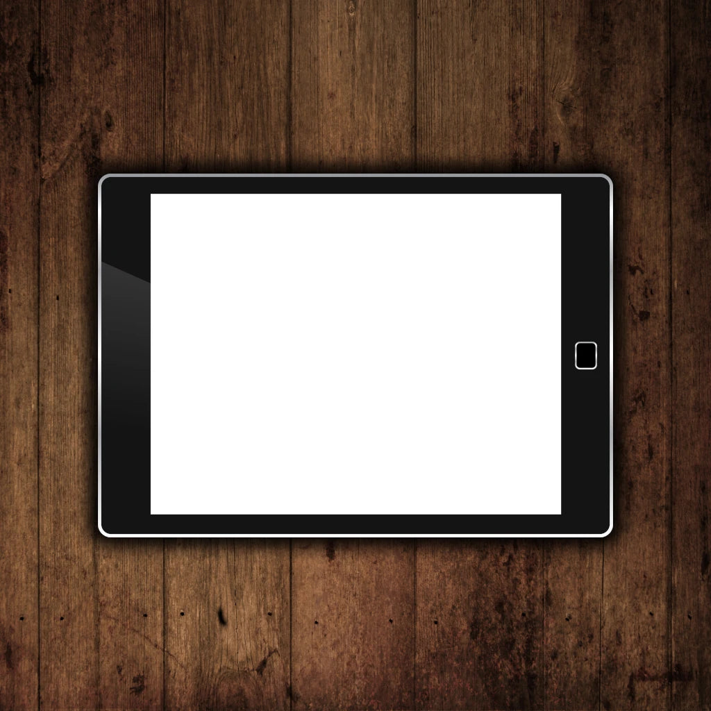 Digital tablet with a white screen on a wooden surface