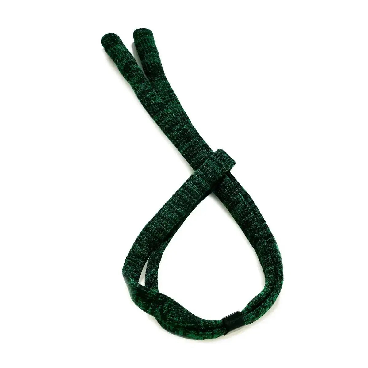 Black and Green mix colored acrylic strap tied in a loose knot on a white background