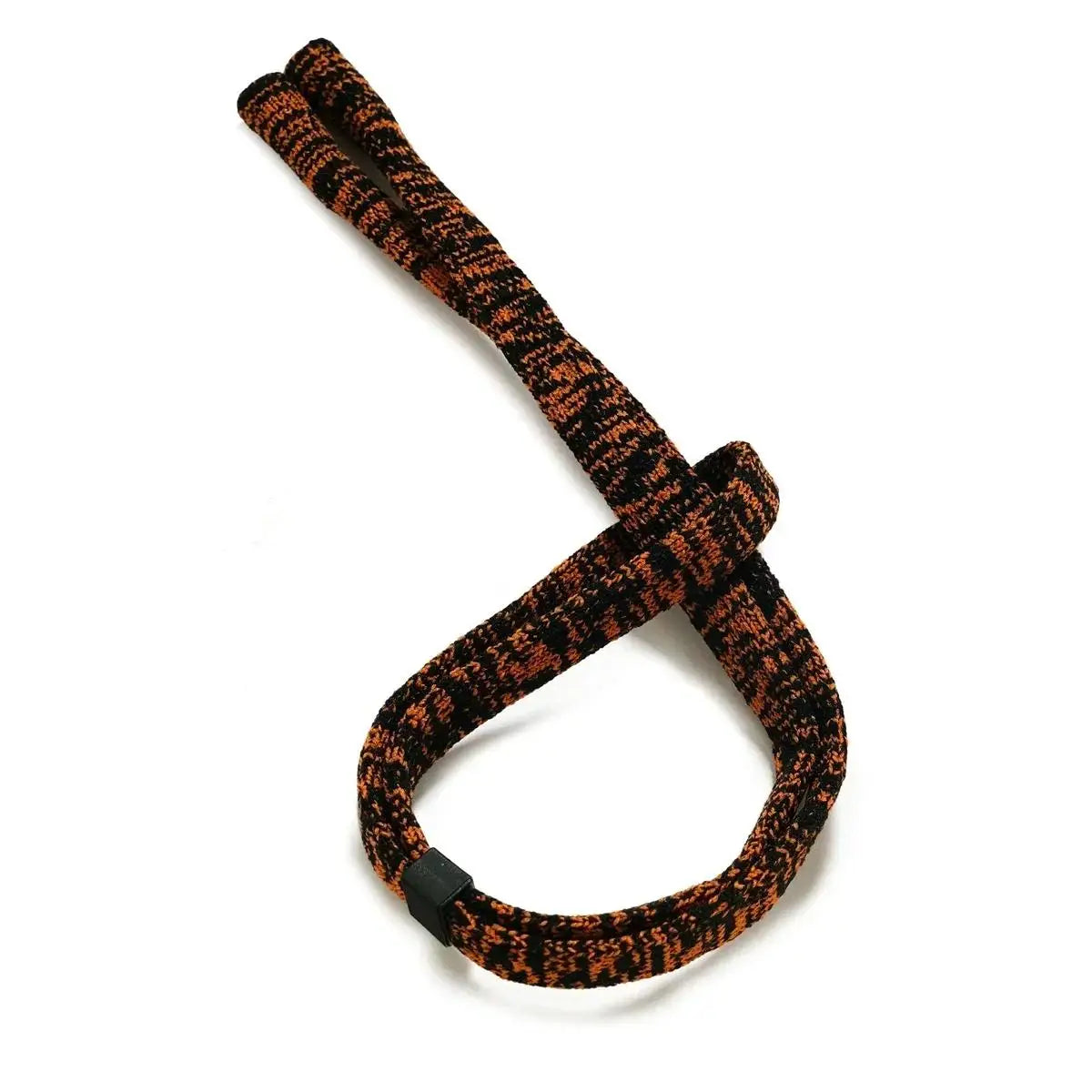 Black and Orange mix colored acrylic strap tied in a loose knot on a white background