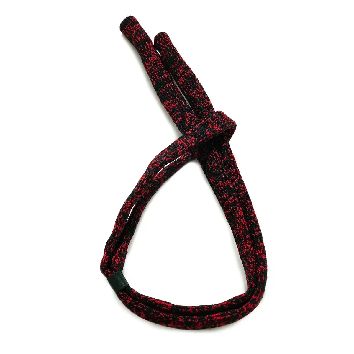 Black and Red mix colored acrylic strap tied in a loose knot on a white background