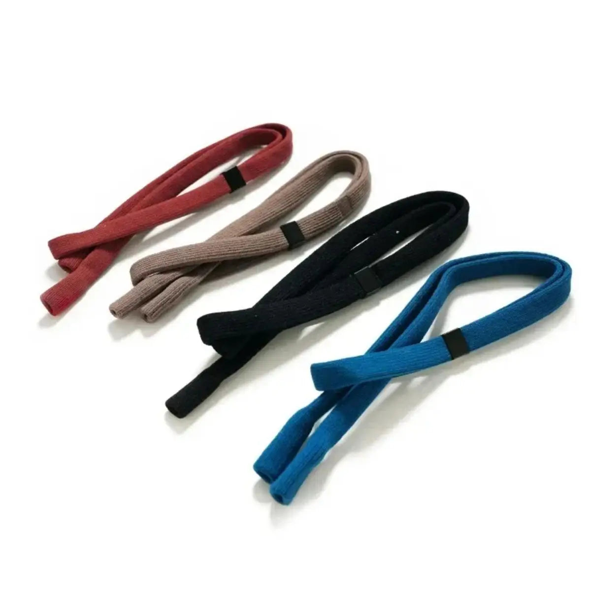 Four colorful glasses neck straps (red, brown, black, blue) on a white background