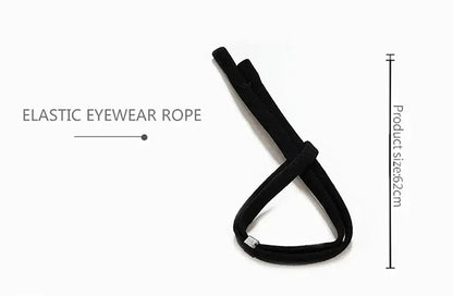 Black elastic eyewear rope with product size details on a white background