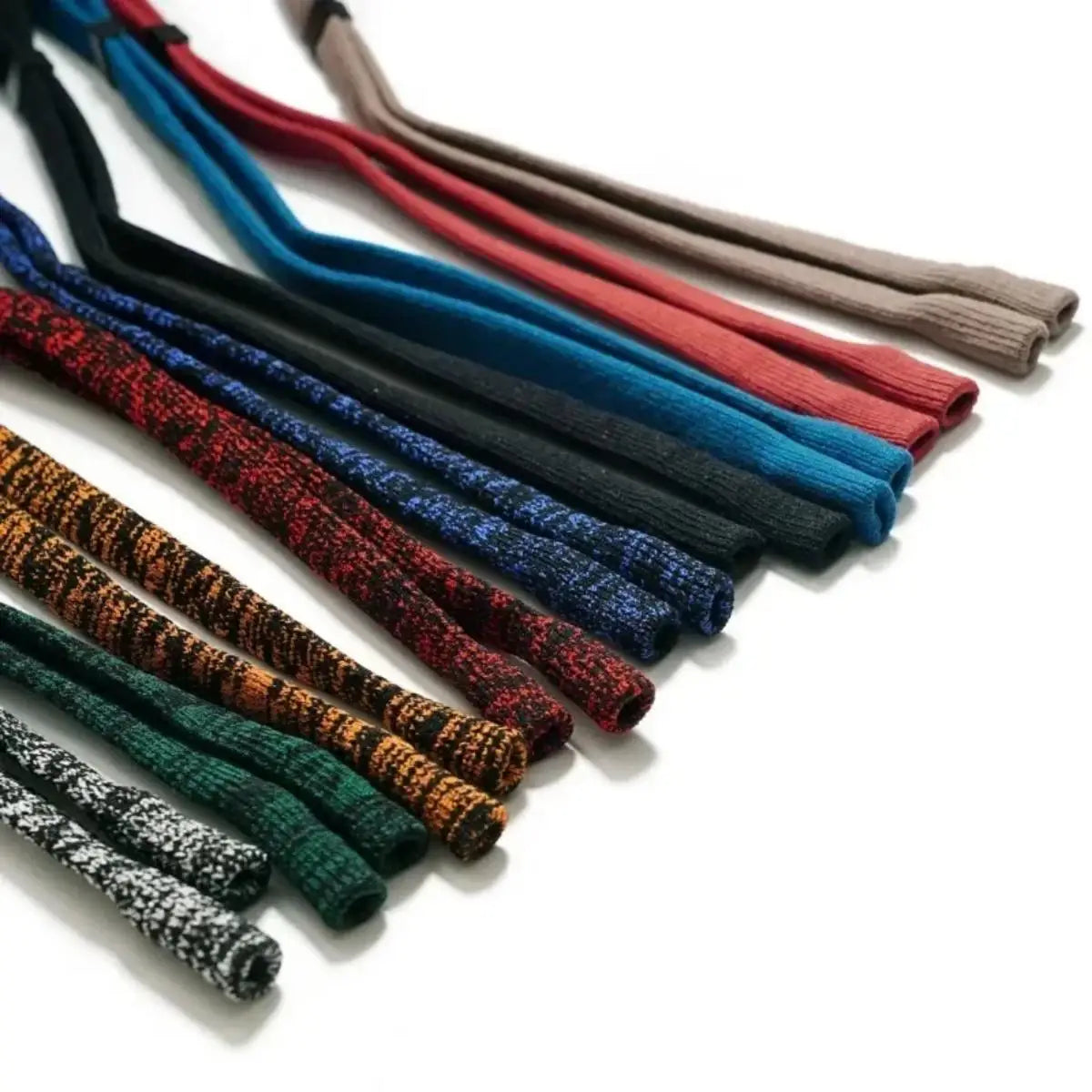 Set of colorful glasses neck straps arranged on a white background