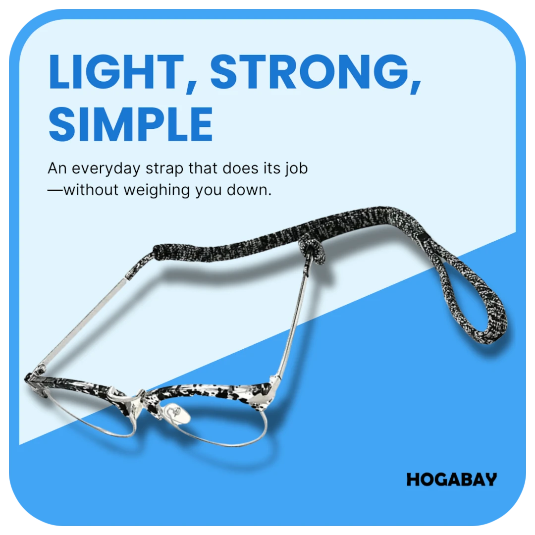 Glasses with a strap on a blue background with text 'Light, Strong, Simple'.