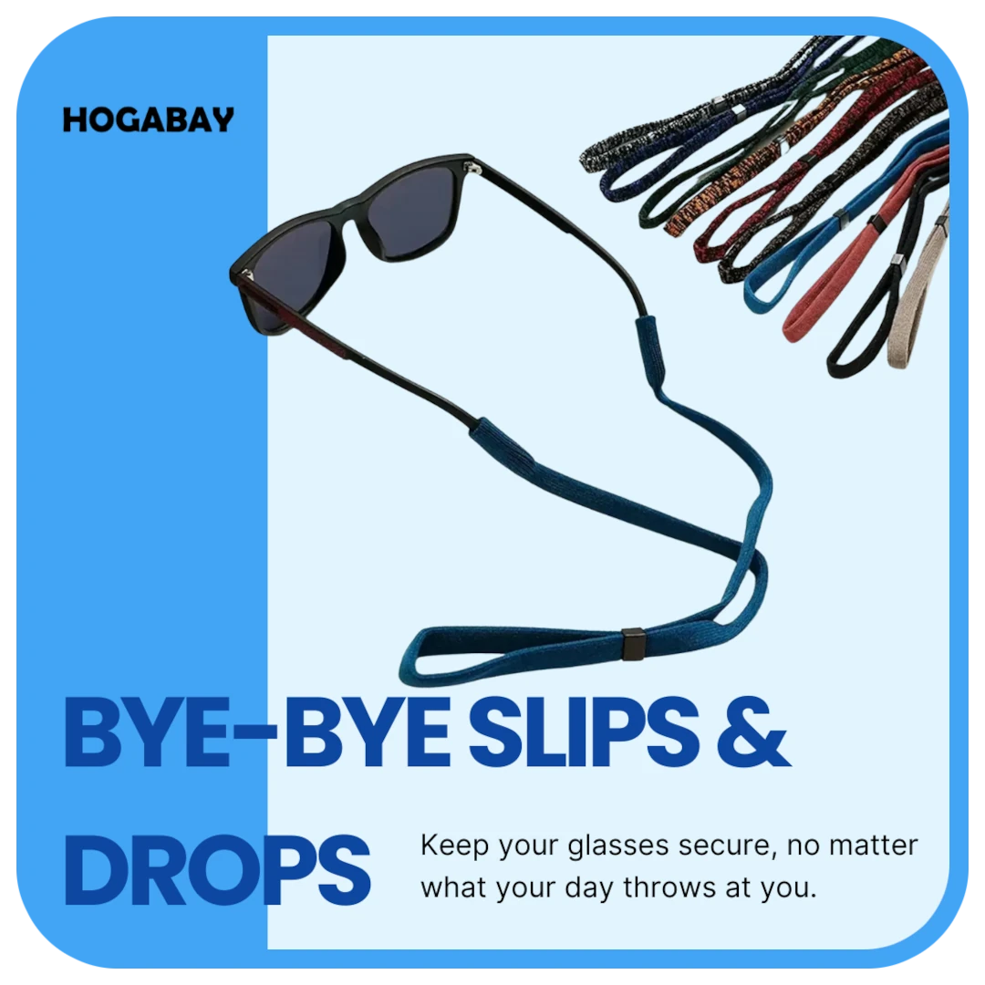 Sunglasses with a blue strap on a light blue background.