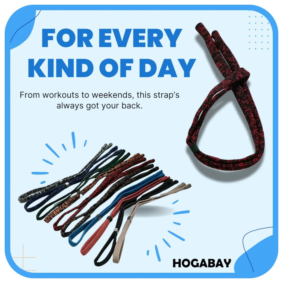 Glasses strap collection with text 'For Every Kind of Day' on a blue background