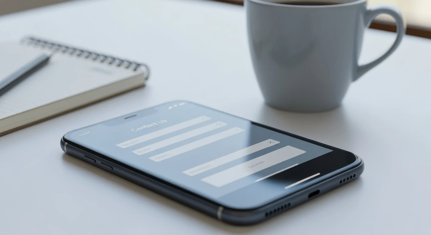 A black phone on a white table with a contact us form visible on the screen