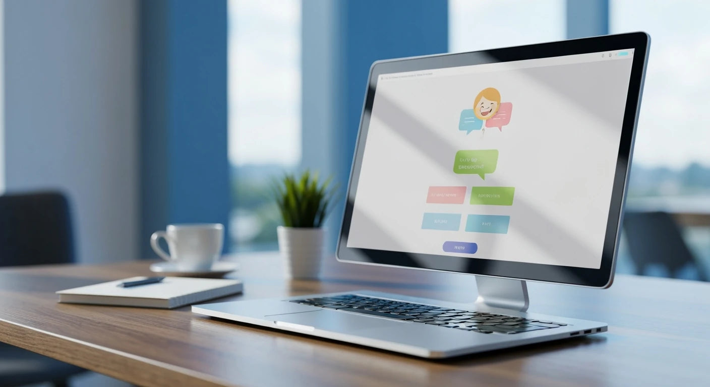 Laptop on a desk with customer chat bubbles on the screen, in an office setting.