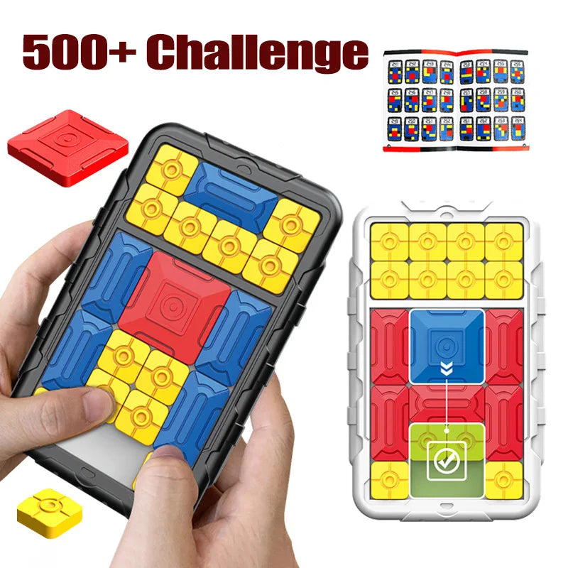 Magnetic super slide puzzle with colorful block design held by a hand and '500+ Challenge' text.