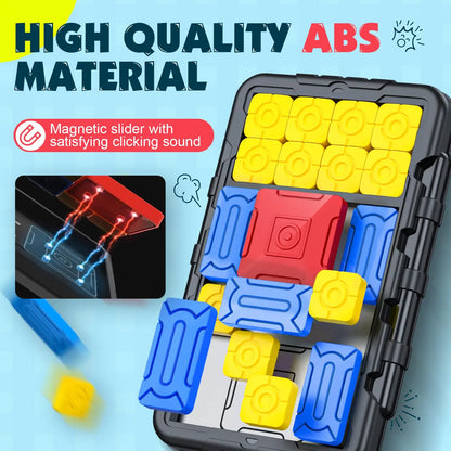 Magnetic super slide puzzle with colorful blocks on a light blue background with text High Quality ABS Material.
