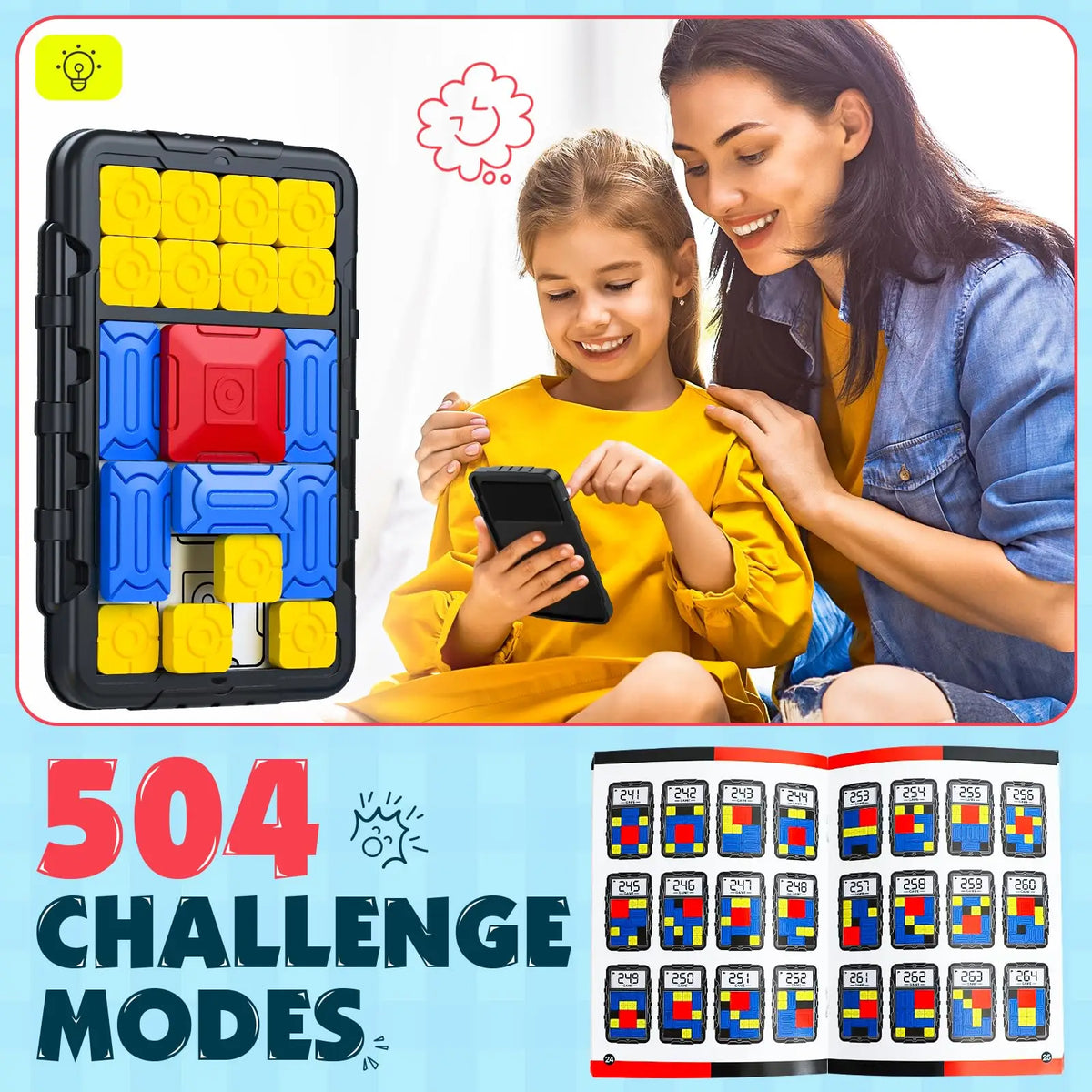 Woman and child playing with the magnetic super slide puzzle.