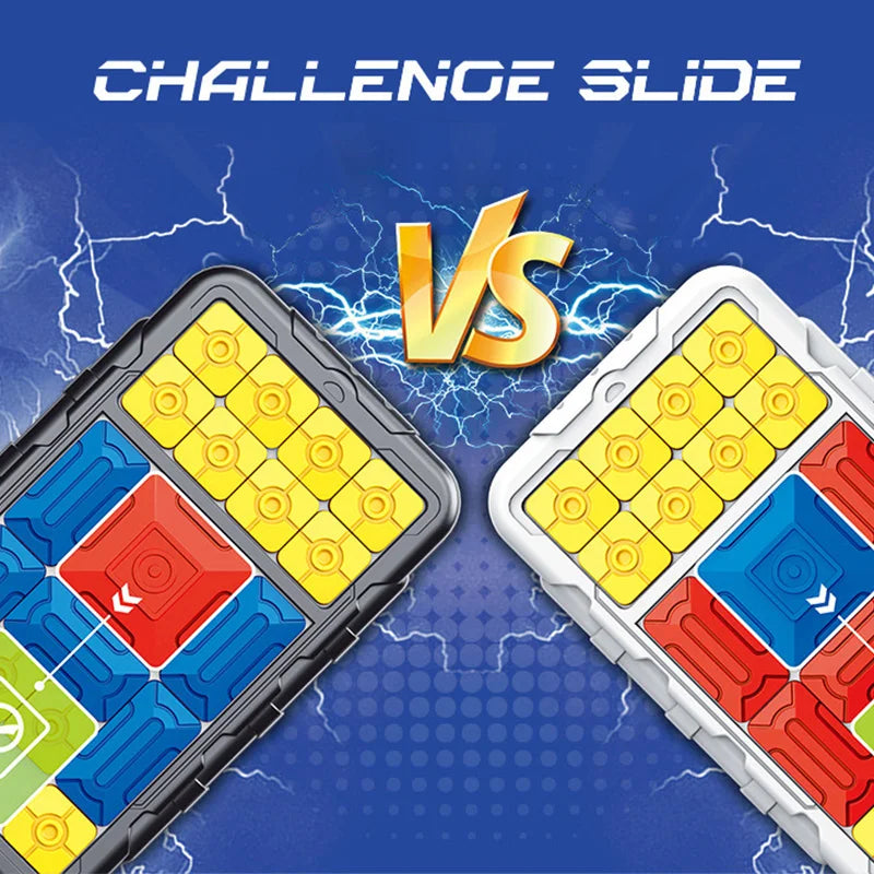 Two magnetic super slide puzzles with colorful square buttons on a blue background with 'Challenge Slide' text.