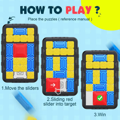 Instructions on how to play the magnetic super slide puzzle on a blue background.