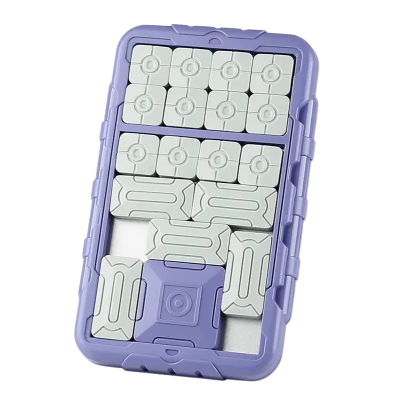 Hero shot of the magnetic super slide puzzle with purple frame and white magnetic slides.