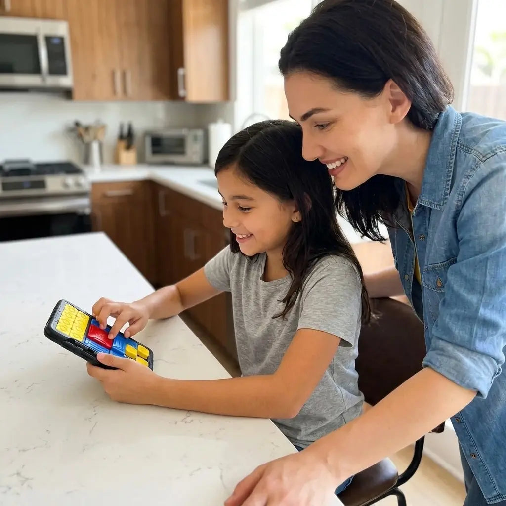 A girl playing with the magnetic super slide puzzle with her mother watching and smiling encouragingly.  