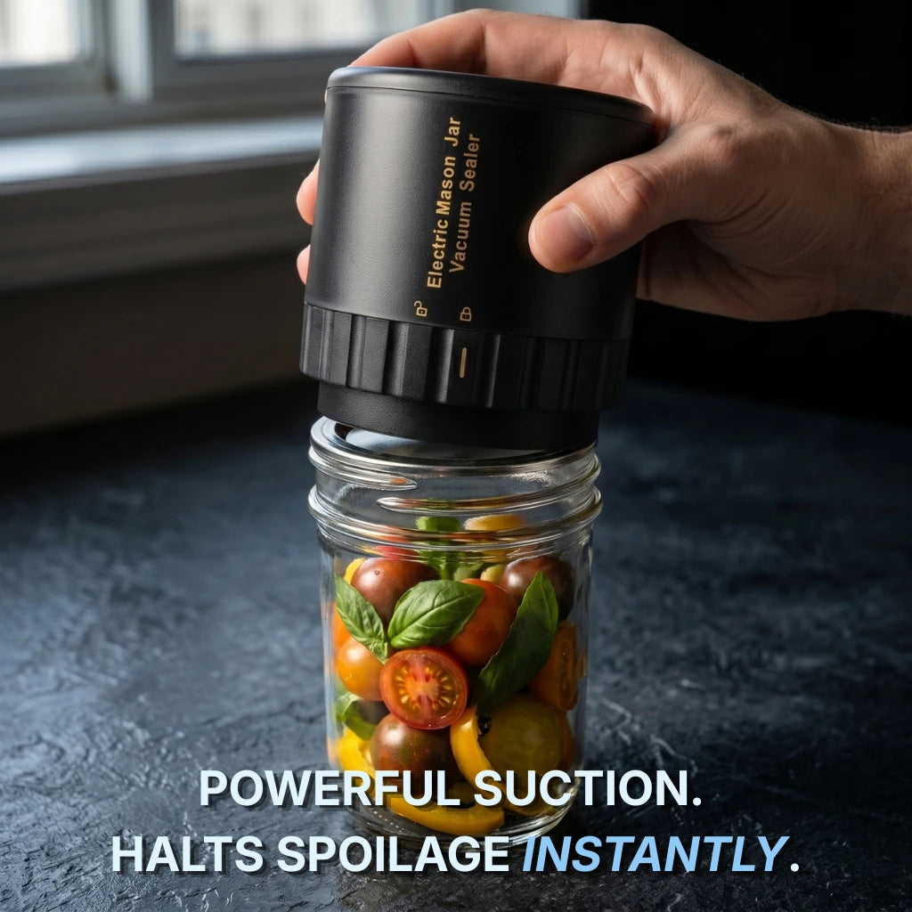 A hand holds a black electric mason jar vacuum sealer over a glass mason jar filled with halved cherry tomatoes and basil leaves, with text reading 'POWERFUL SUCTION. HALTS SPOILAGE INSTANTLY.