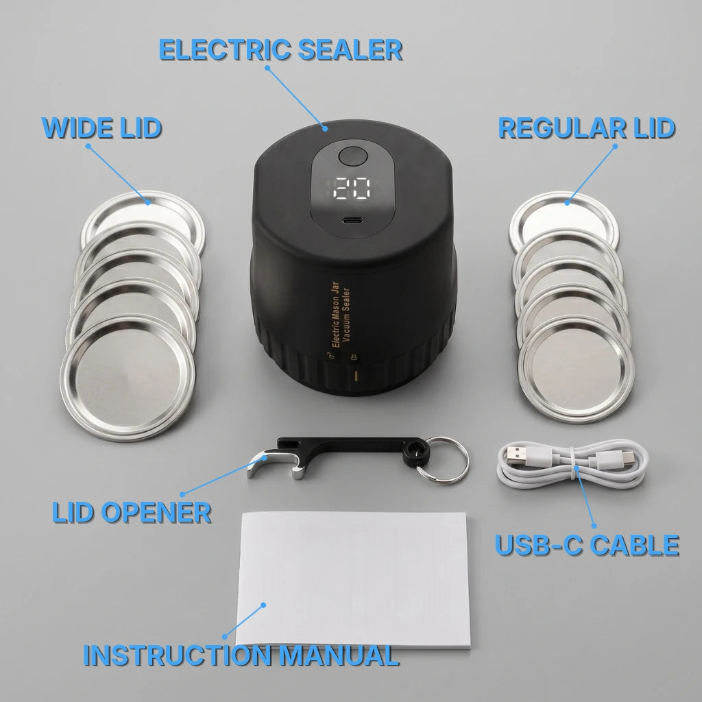 A black electric mason jar sealer shown with multiple silver metal lid rings, a black lid opener tool, a white USB-C cable, and an instruction manual on a light gray background with blue text labels.