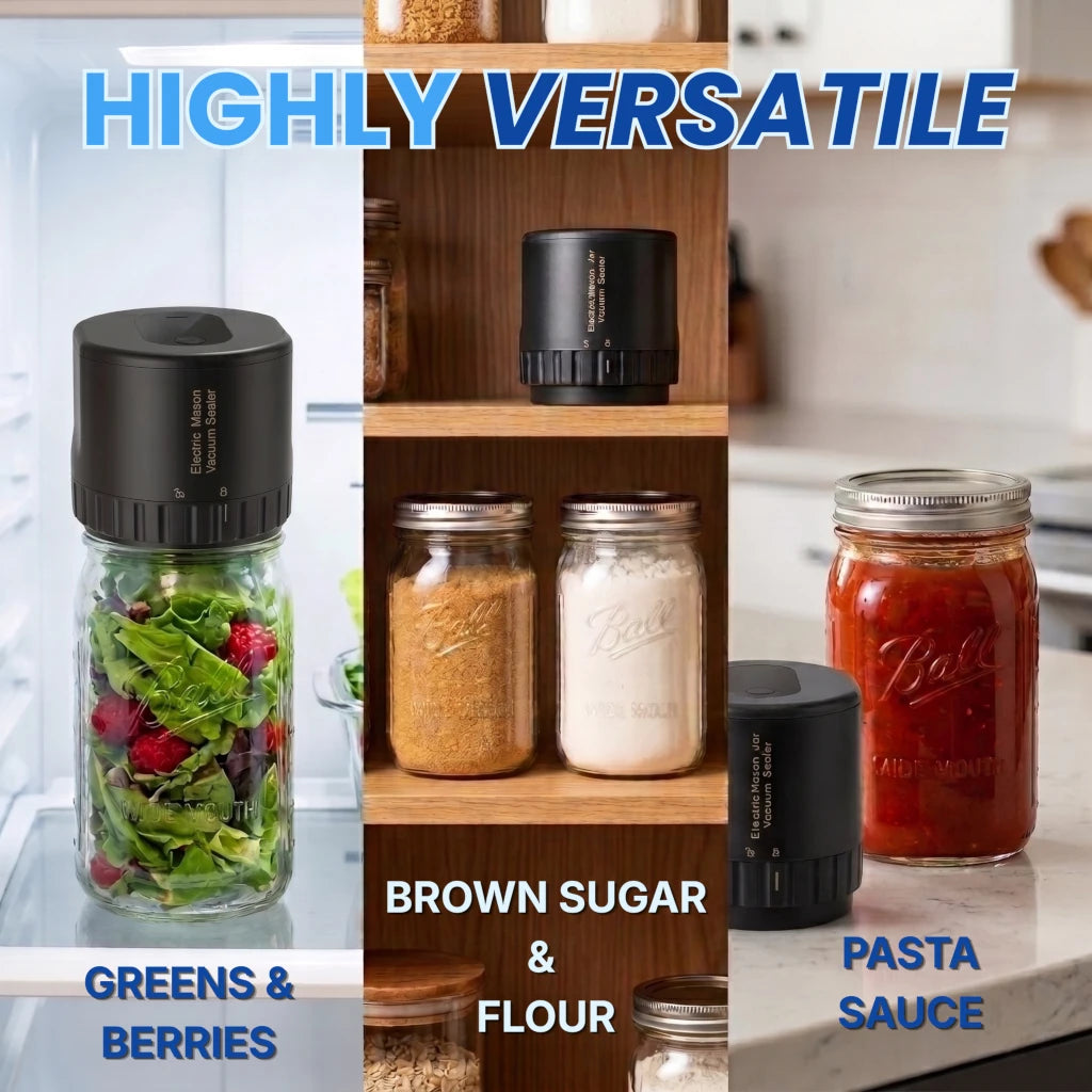 A collage showing a black mason jar sealer and jar set in use: a salad jar filled with greens and berries on a refrigerator shelf, jars of brown sugar and flour on wooden shelves, and a pasta sauce jar on a kitchen counter. Large text reads 'HIGHLY VERSATILE' with labels for greens and berries, brown sugar and flour, and pasta sauce.