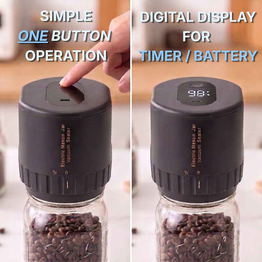 A split-screen demonstration of an electric mason jar sealer and timer device. The left panel shows a hand pressing the top button, with the text 'SIMPLE ONE BUTTON OPERATION'.