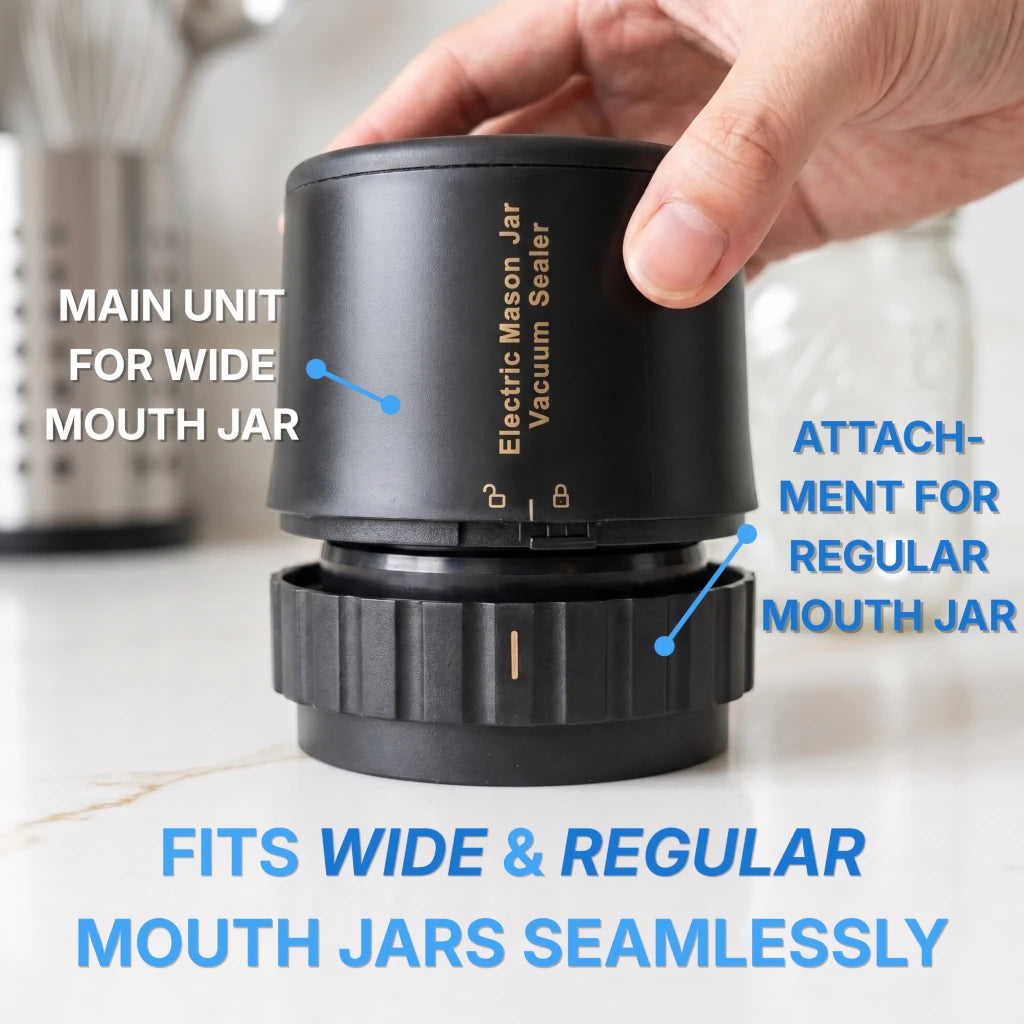 A hand is holding a black cylindrical electric mason jar vacuum sealer attachment above a matching black base ring. The image includes blue text callouts identifying the main unit for wide mouth jars, the attachment for regular mouth jars, and a claim that it fits both jars seamlessly.