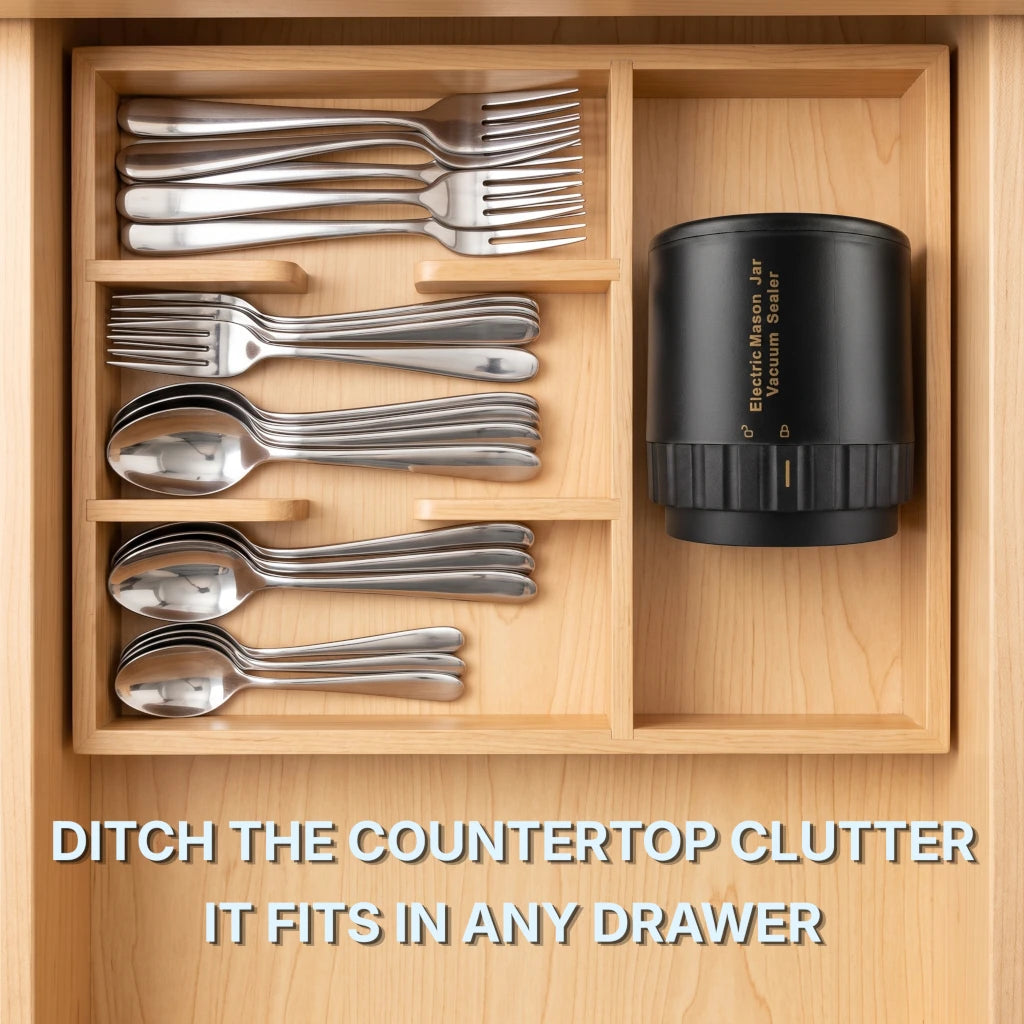 A wooden drawer organizer tray holding a set of stainless steel cutlery and a black electric mason jar sealer, with large blue text at the bottom reading 'DITCH THE COUNTERTOP CLUTTER IT FITS IN ANY DRAWER'.