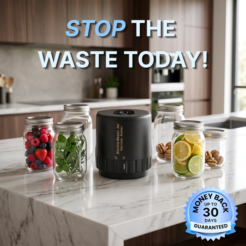 A black portable mason jar sealer sits on a marble kitchen countertop surrounded by glass jars filled with berries, mint, nuts, and citrus slices. Large blue text at the top reads 'STOP THE WASTE TODAY!' and a blue badge in the bottom right says 'MONEY BACK UP TO 30 DAYS GUARANTEED'.