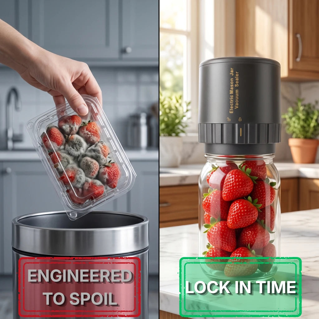 A split-screen demonstration of a portable vacuum sealer. The left side shows a hand using the device to seal a container of strawberries and placing it into a trash can with a red 'ENGINEERED TO SPOIL' label.