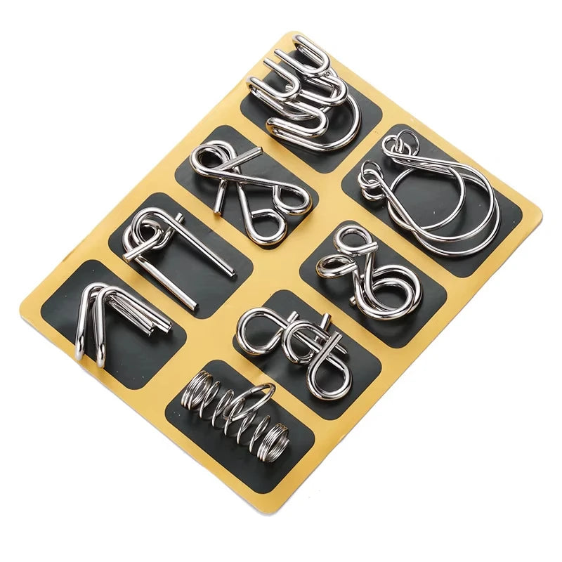 Set of 8 metal wire puzzles on a yellow and black tray.