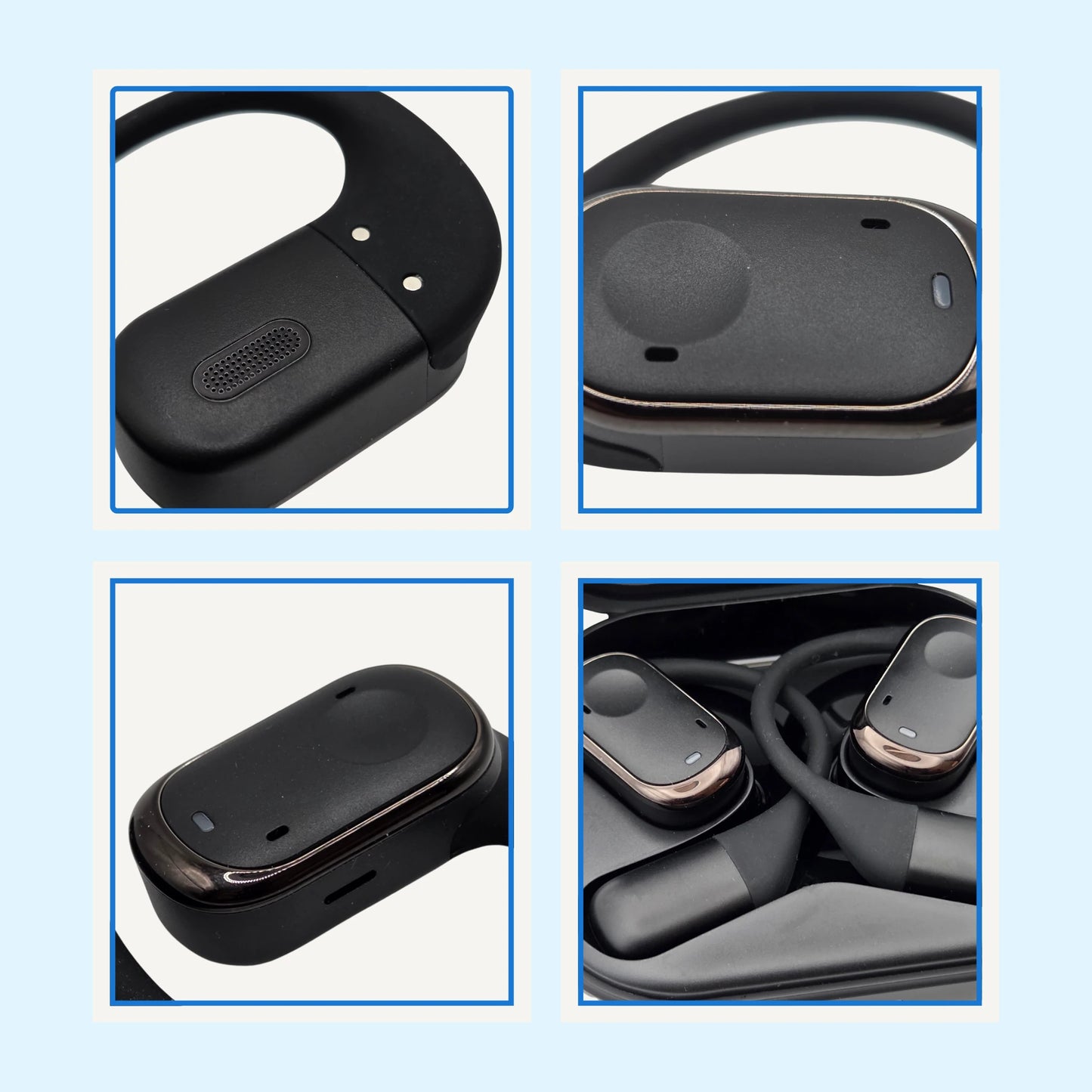 Close-up of black wireless earbuds with charging case on a light blue background