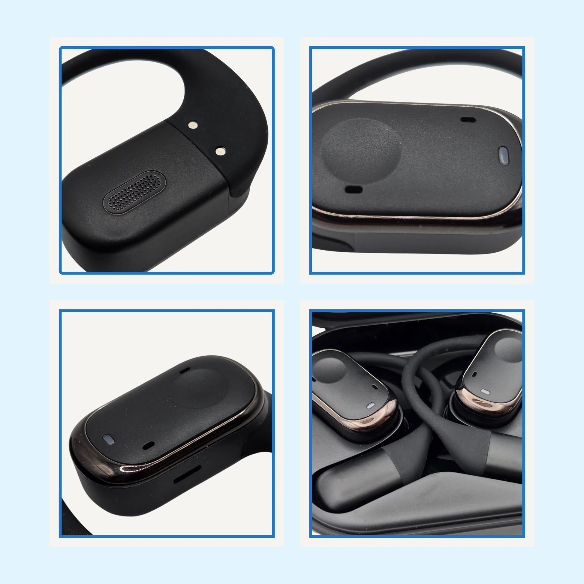 Close-up of black wireless earbuds with charging case on a light blue background