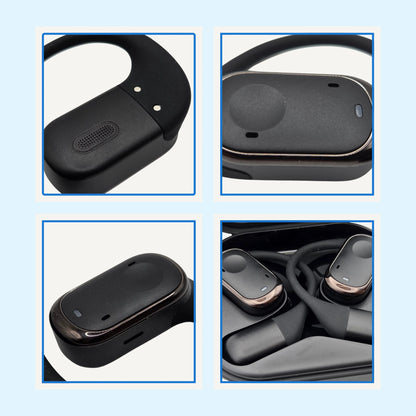 Close-up of black wireless earbuds with charging case on a light blue background