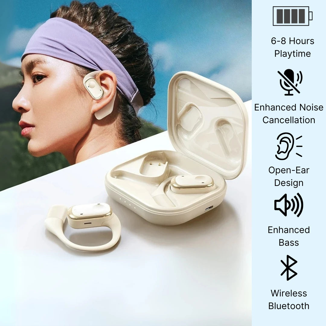 Beige wireless earbuds with charging case on a white surface, with a blurred outdoor background.