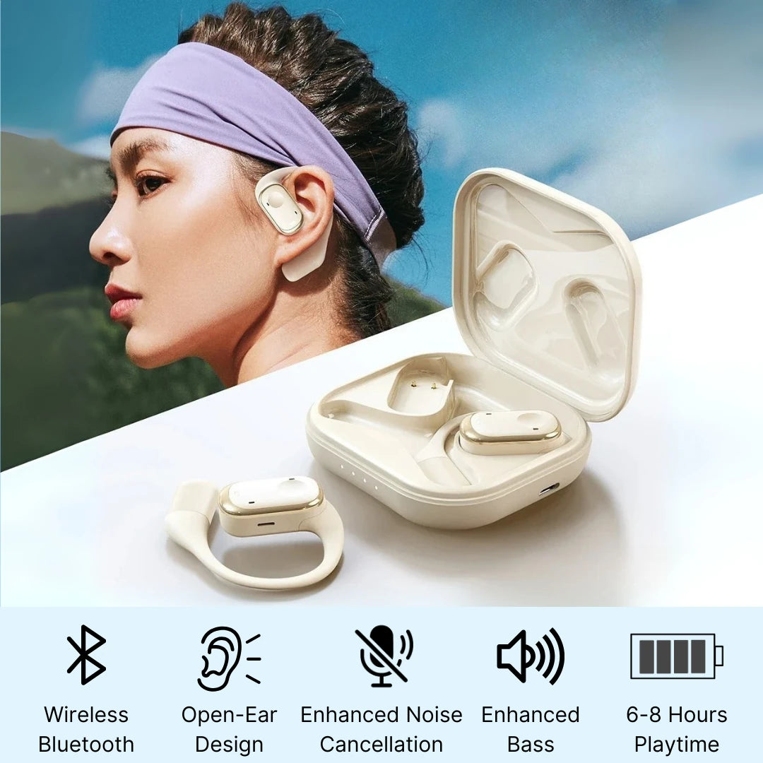 Beige wireless earbuds with charging case on a white surface, with a blurred outdoor background.