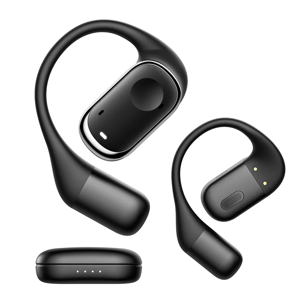Black wireless earbuds with charging case on a white background